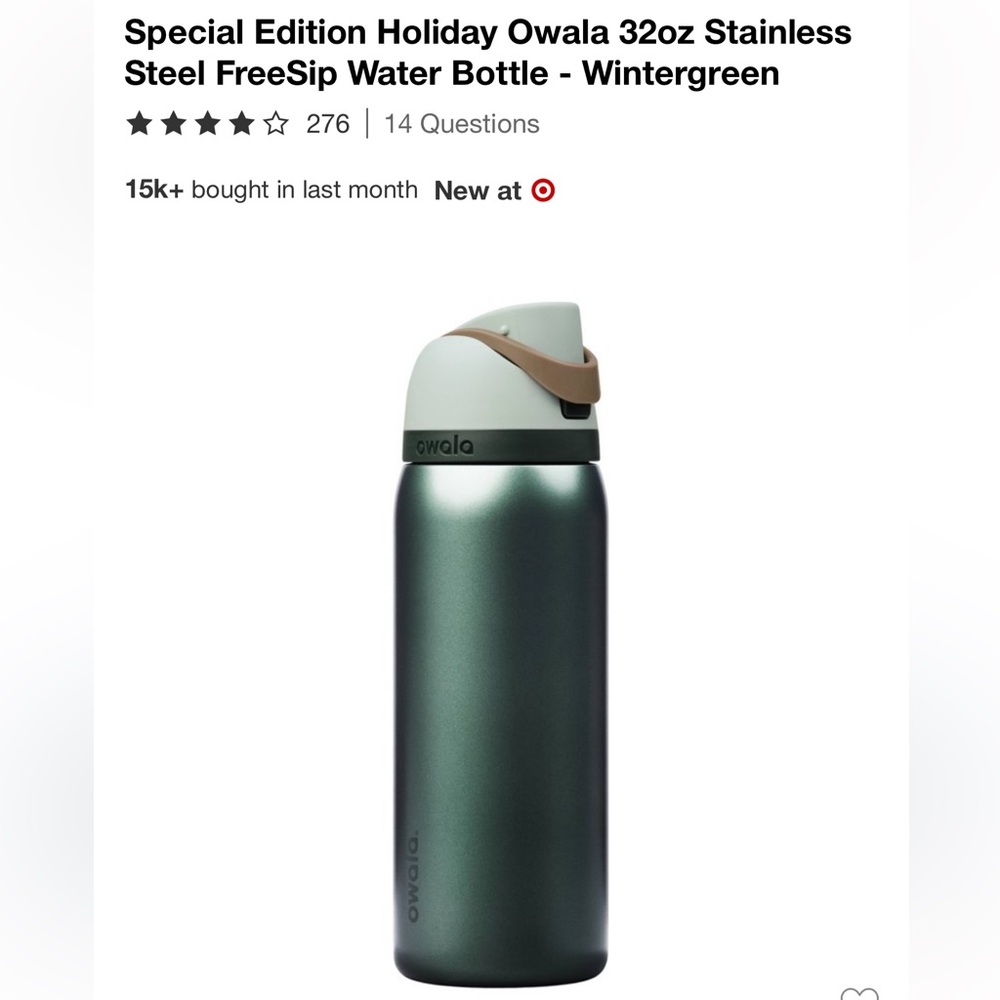 Owala Wintergreen Stainless Steel Water Bottle - 32oz Holiday Edition 2025